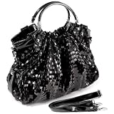AUDREY Black Glitz Rectangle Sequin-Embellished PU Patent Leather HandBag Purse Evening Hobo Bag