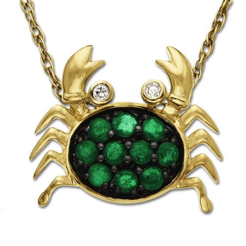 14k Yellow Gold Emerald and Diamond Crab Pendant, 18