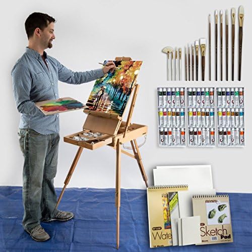 80-Piece French Easel Painting Set with Acrylic, Watercolor and Oil Paint Colors, Paint Palette, High Quality Natural and Synthetic Hair Paint Brushes, Canvas Panels - Great Christmas Gift ...