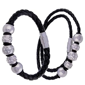 Kadima Leather Bracelet ,Leather Necklace ,Stainless Steel Pandora Beads ,Stainless Steel Braided PU with Steel Beads & Crystal Bracelet and Necklace Set, 6mm 8
