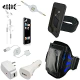 Apple iPod Touch / iTouch Silicone Skin (BLACK) w/ usb retractable 2in1 sync and charging cable, USB Car Charger, USB Wall / Travel Charger, Headphones / Earphones, Earphone / Headphone Fish shaped Holder, 3.5mm to 3.5mm Aux (Auxiliary) MP3 Cable, a Screen Protector / Screen Guard, and A Dual Tone Blue / Black Mesh Sports Armband