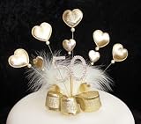 Gold Padded Heart and Diamante 50th Birthday Cake Topper Golden Wedding with White Marabou Feathers