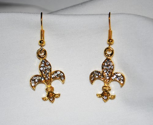 Bling Bling Fleur De Lis Earrings, New Orleans Saints NFL, Gold with Rhinestones