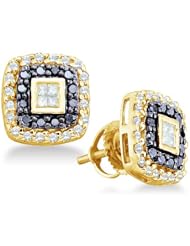 Black and White Princess Cut and Round Channel Set Diamond Stud Earrings in 14k Yellow OR White Gold Square Setting - 11mm Height * 11mm Width (1/2 cttw)