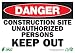 Zing Eco Safety Sign, Header "DANGER", "CONSTRUCTION SITE UNAUTHORIZED PERSONS KEEP OUT", 10" Width x 7" Length, Recycled Aluminum, Red/White/Black (Pack of 1)