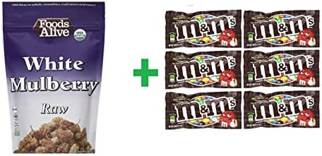 Foods Alive White Mulberry Raw 8 OZ (Pack of 2) + (M&amp;M milk chocolate 6ct /1.69oz)