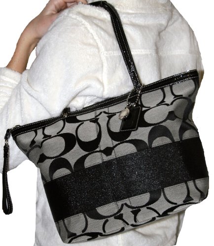 Coach Medium Black & White Signature Stripe Tote Bag - 13548