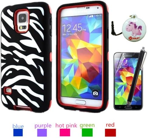 XYUN (TM) Zebra Stripes Defender Hard Hot Pink Case Camo Cover for Samsung Galaxy S5 SV With a Screen Protector , Long Stylus and XYUN Mobile Phone Cleaner Dust Plug Gift - Red