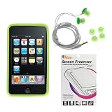 GTMax Green Soft Rubber Silicone Skin Cover Case + Green Soft Gel 3.5mm Stereo Headset + LCD Screen Protector for Apple iPod Touch 8GB 32GB 64GB 3rd 3G Generation