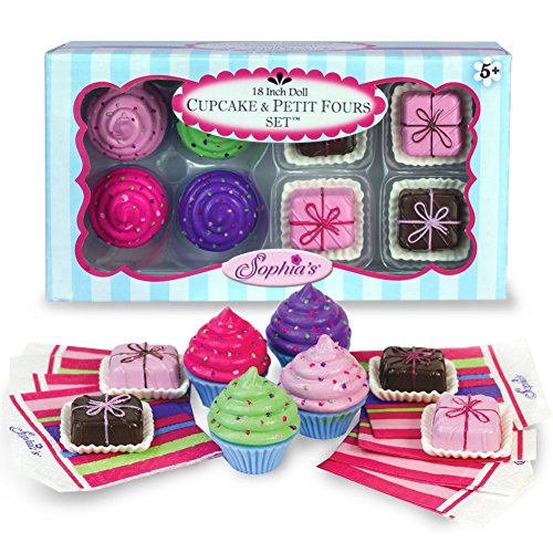 18 Inch American Doll Pretend Play Food 8 Pc. Set of 4 Cupcakes, 4 Petit Fours + 8 Paper Napkins, Total of 16 Pcs, Perfect for American Girl Mini Doll Food, for Doll Tea Party s & More! Cupcake & Petit Four Set by Sophia s