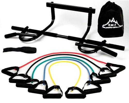 New Heavy Duty B.M.P. Doorway Chin Up Pull Up Bar and New B.M.P. Resistance Bands Perfect to use with P90x and any other fitness program.