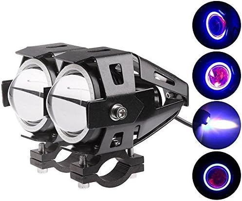 Amak 2X CREE U7 Car LED Lights Motorcycle Fog Lamp Daytime Driving Front Spot Light White Spotlight Bulbs + Blue Angel Eyes + Red Devil Eye