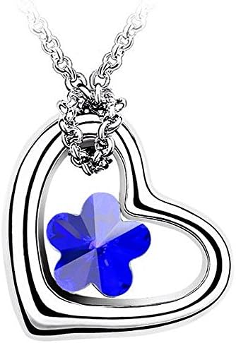 Crystal Flower in Open Heart Silver-Tone Pendant and Chain Necklace, Dark Blue