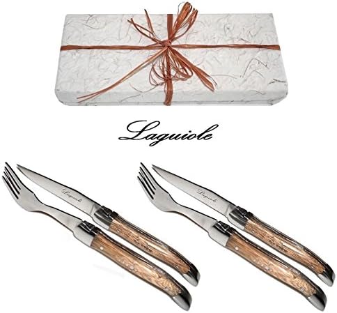 Laguiole - Real Brown Zebrawood - Steak Knives + Steak Forks Set - Blade: Sharp + Smooth - Shepherd's Cross on Handles (Quality Family Zebra Wood Table Flatware Place Setting - Direct From France)