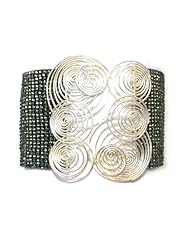 Mishky Sterling Silver "Open Spirals" Metallic Gray Mesh Glass Seed Beaded Cuff Bracelet