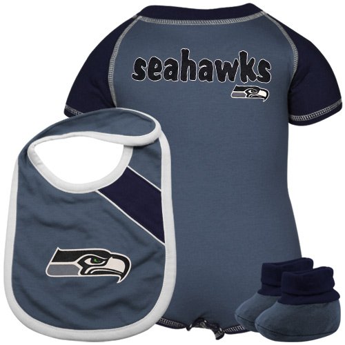 Seattle Seahawks Infant Light Blue-Navy Blue Creeper, Bib & Bootie Set (24 Months)