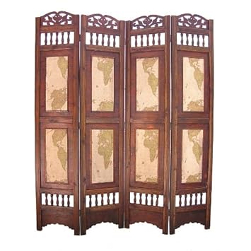Old World Map Room Divider Screen 4 Panel Wooden Frame