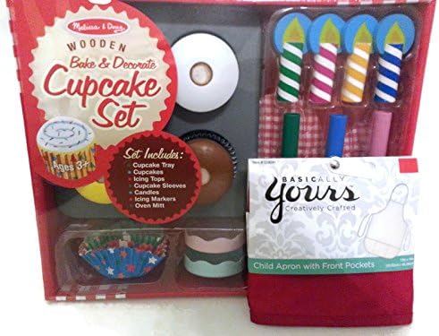 Little Baker Bundle of 2 Items: 1 Wooden Cupcake Decoration Set and 1 Child's Red Apron