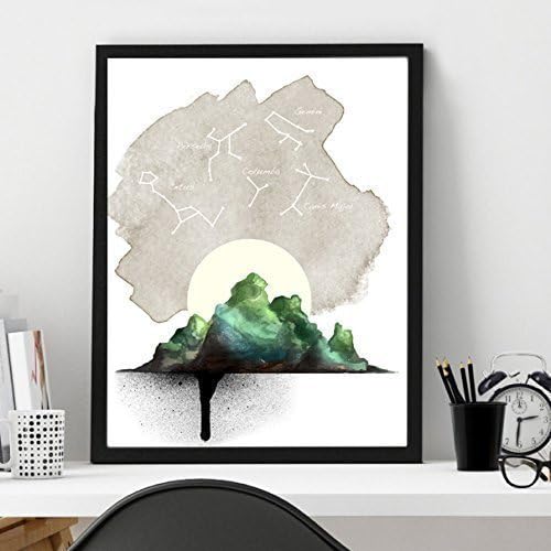 Green mountain constellations watercolor wall art print poster- unframed