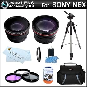 Lens Bundle Kit For Sony NEX-F3, NEX-7, NEX-5N, NEX-5, NEX-3, NEX-C3 NEX-5R Interchangeable Lens Camera (That Use E-Mount 18-55mm, 30mm, 16mm, 24mm, 55-210mm, 50mm Lenses) Includes Wide Angle Lens Lens + 2x Telephoto Lens + Filter Kit + Case + 57 Tripod