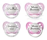 Expression Personality Pacifier Set - Gliter Mute Button, Gliter Daddy's Girl, Gliter Princess, Solid Pink Mute Button