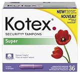 Kotex Security Tampons with Plastic Applicator, Super Absorbency, Double Pack, Case of Six-36 Count (216 Tampons)