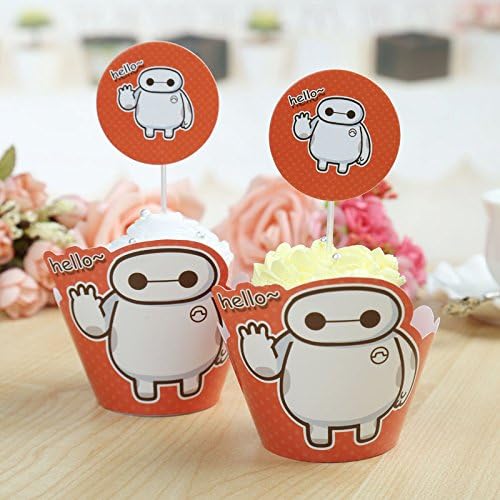 Pack of 24(12pcs Wrappers +12pcs Toppers) Cute Big Hero Baymax Cupcake Wrappers Cakes Decoration Birthday Party Favors for Kids Festa Cake Toppers Picks Kids Party Supplies (Baymax)