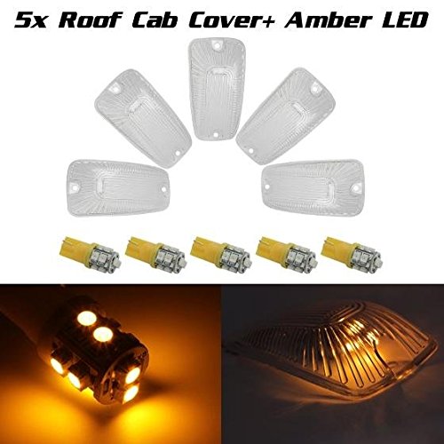 Partsam 5pc Roof Light Cab Marker Clear Cover+168 Amber 10-3528-SMD LED Bulb for 1988-2002 Chevy/GMC C/K1500/2500/3500/4500/5500/6500/7500 Kodiak Topkick trucks