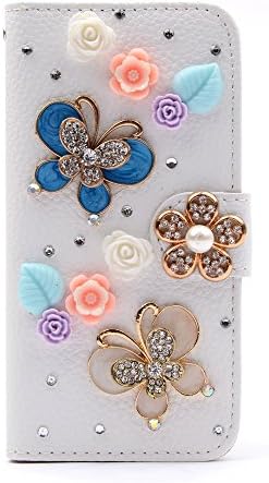 UTOPER Bling Rhinestone Diamond Wallet Case for Apple iphone 6 6G 4.7 inch Flip Leather Stand Cover with Card Slots + Stylus (Butterfly & Flowers)