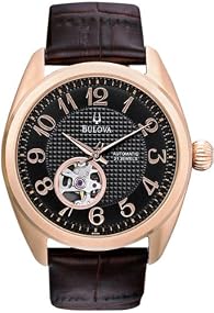Bulova #97A104 Men's Leather Strap Partial Skeleton Display Mechanical Automatic Watch