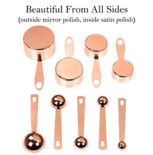9 Exclusive Measuring Cups and Spoons. Copper Plated and Polished for Luxurious Look. Remarkably Sturdy for Heavy-duty Daily Use. Ergonomic Comfortable Handles. Holes for Hooks and Magnetic. Set of 9.