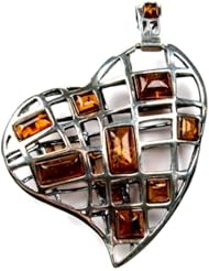 Sterling Silver Honey Amber Very Large Heart Shaped Pendant
