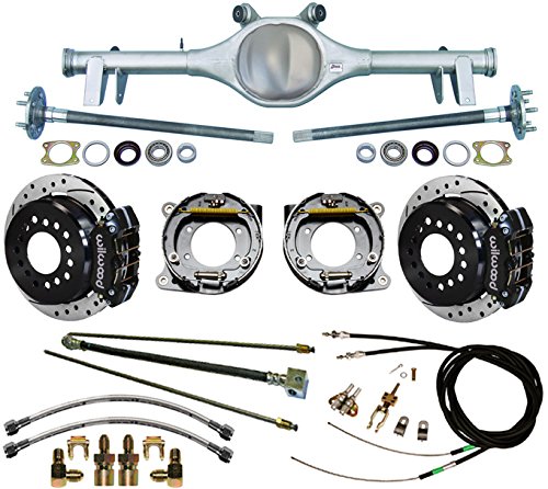 NEW CURRIE 64-66 GM A-BODY REAR END WITH WILWOOD DISC BRAKES, 11" DRILLED ROTORS, BLACK CALIPERS, BRAKE LINES, PARKING BRAKE CABLES, AXLES, & BEARINGS, 1964, 1965, 1966 CHEVY CHEVELLE, EL CAMINO, MALIBU, BUICK SKYLARK, OLDS CUTLASS, 442, PONTIAC GTO, LEMANS