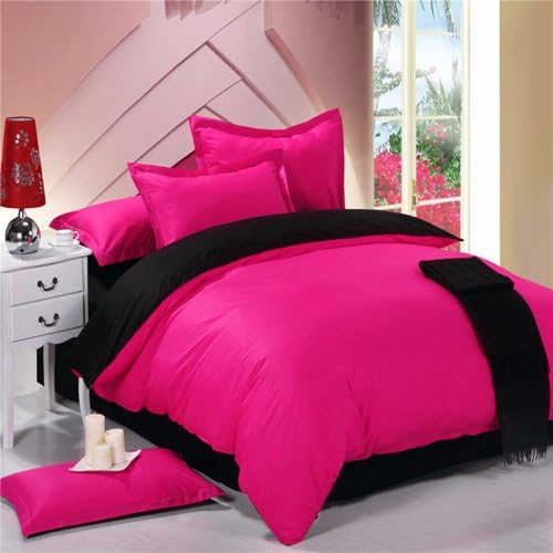 Pink and Black 100% Cotton for Bedding Set. (A Duvet Cover, a Bed Sheet,two Pillow Cases Bedding Set 4 Pcs.) (Queen)