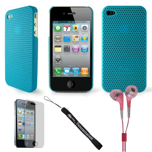 Photo Aero Air Mesh Design Custom Style Durable Hard Protective Case for Apple iPhone 4 / 4th Generation compatible with 16GB / 32GB + 4-inch eBigValue (TM) Determination Hand Strap Key Chain+ Includes a Crystal Clear High Quality HD Noise Filter Earbuds Earphones Headphones 3.5mm Jack + Includes a full body front and back anti glare screen protector