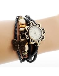 Uoften Quartz Fashion Weave WRAP Around Leather Bracelet Lady Woman Wrist Watch Butterfly Pattern Black