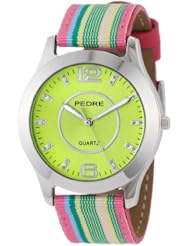 Pedre Womens 0090SNX Pink Striped Grosgrain Strap Silver-Tone Watch