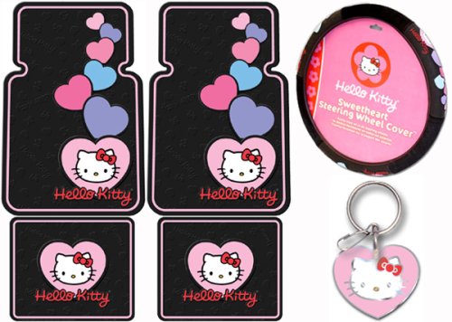 Hello Kitty Hearts Design 6pc Combo Set Front & Rear Floor Mats, Steering Wheel Cover & Keychain Plus Bonus Bling Decal Kit