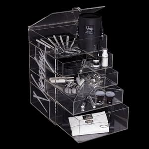 Acrylic Makeup Organizer - Prestige Cosmetic and Jewellery Storage Box with 4 Drawers and Hinged Open Top Compartment