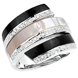 Solid Sterling Silver Cubic Zirconia Rhodium Plated Rings with White Mother of Pearl and Onyx