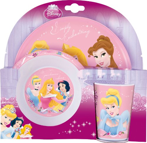 Disney 734290 - Set principesse composto da un bicchiere, un piatto fondo e un piatto piano, in melamina