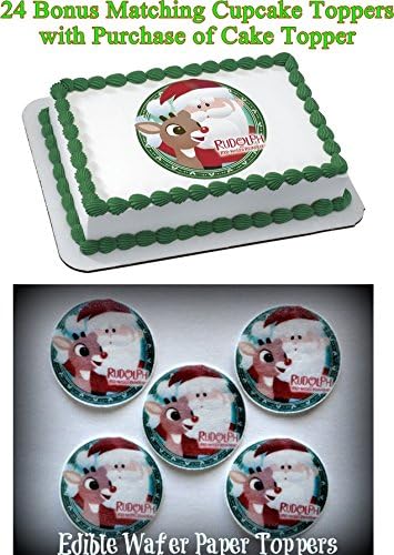 RUDOLPH THE RED NOSED REINDEER & SANTA CLAUS MERRY CHRISTMAS 24 BONUS CUPCAKE TOPPERS with purchase of 1/4 Sheet Cake Topper Edible Image Picture Frosting Sheet Cake Topper