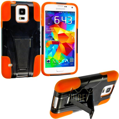myLife Jet Black and Orange - Neo Hybrid Series (Built In Kickstand) 2 Piece + 2 Layer Case for NEW Galaxy S5 (5G) Smartphone by Samsung (External Hard Fit Armor With Built in Kick Stand + Internal Soft Silicone Rubberized Flex Gel Bumper Guard)