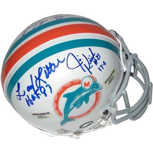 1972 Team (Morris, Kiick, Fernandez , Kuechenberg) Autographed Miami Dolphins (Chrome) Mini Helmet - Autographed NFL Mini Helmets