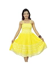 Summer Cotton Shirred Embroidered Knee Length  Dress