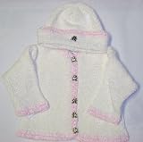 Knitted on Hand Knitting Machine Natural Chenille Hand Crochet Finished with Pink Chenille Trim Infant Girls Cardigan, Hat Set
