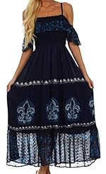 Summer Off the Shoulder Cotton/Crepe/Viscose  Jacquard Shirred Sheer Embroidered  Dress With Ruffles