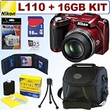 Nikon Coolpix L110 12.1MP Digital Camera (Red) + 16GB Accessory Kit