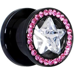 7/16" Black Pink Titanium Star CZ Screw Fit Tunnel