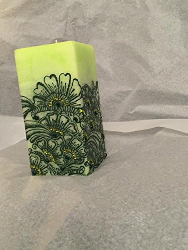 Square scented candle/Henna Candle/green grass and lillies scented/green two tone hand painted candle/green and lime gems